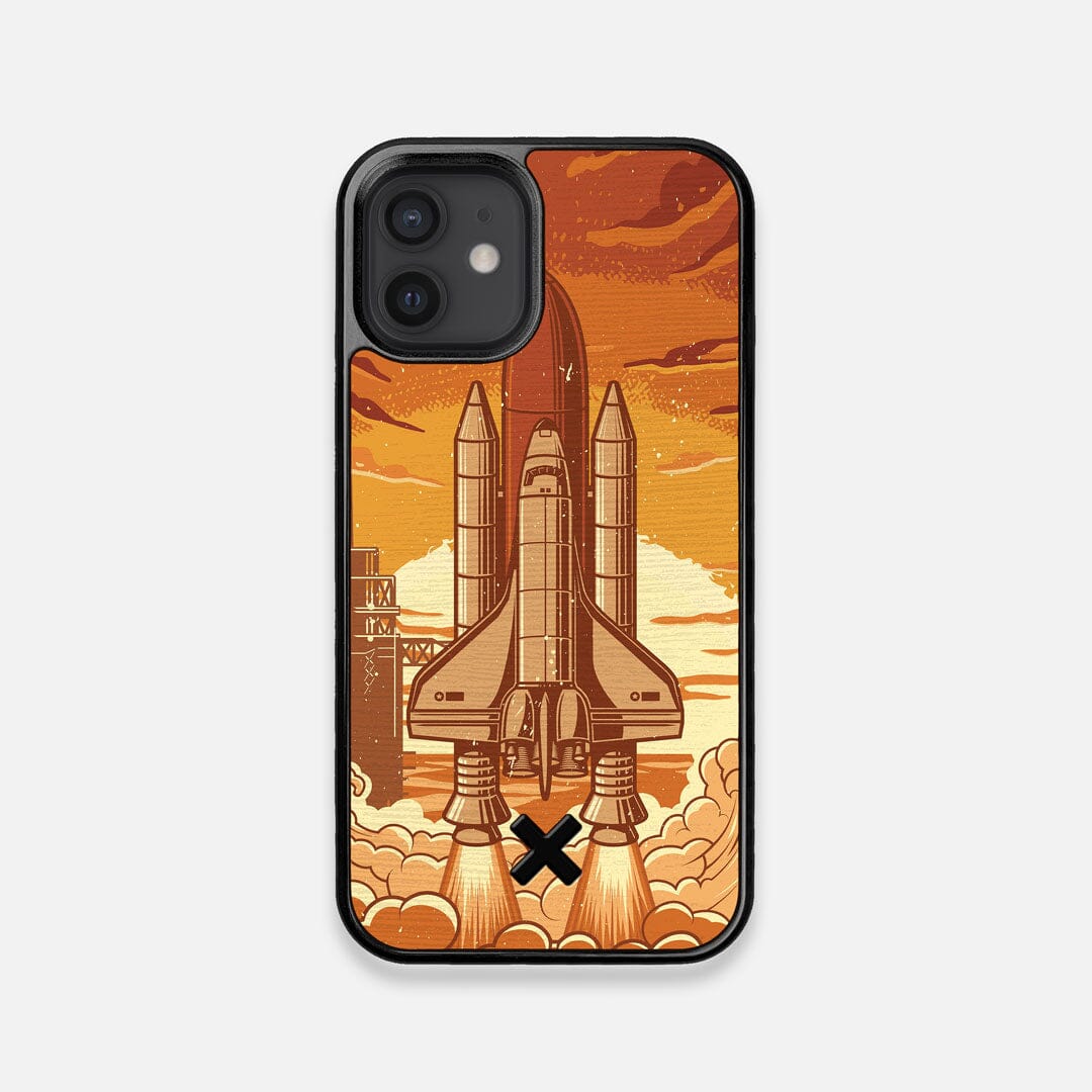 Front view of the vibrant stylized space shuttle launch print on Wenge wood iPhone 12 Mini Case by Keyway Designs