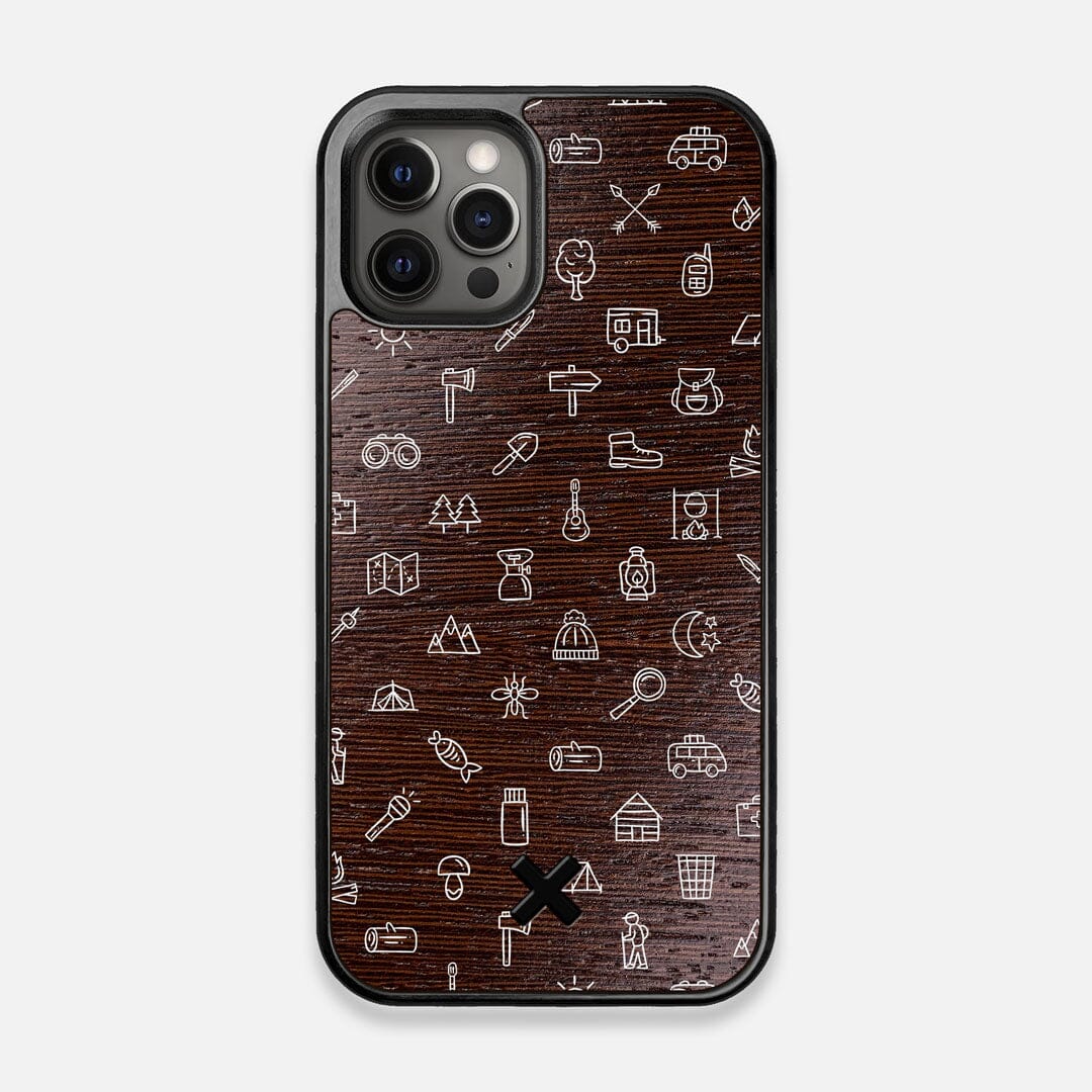 Front view of the fun detailed camping icon print on Wenge wood iPhone 12/12 Pro Case by Keyway Designs