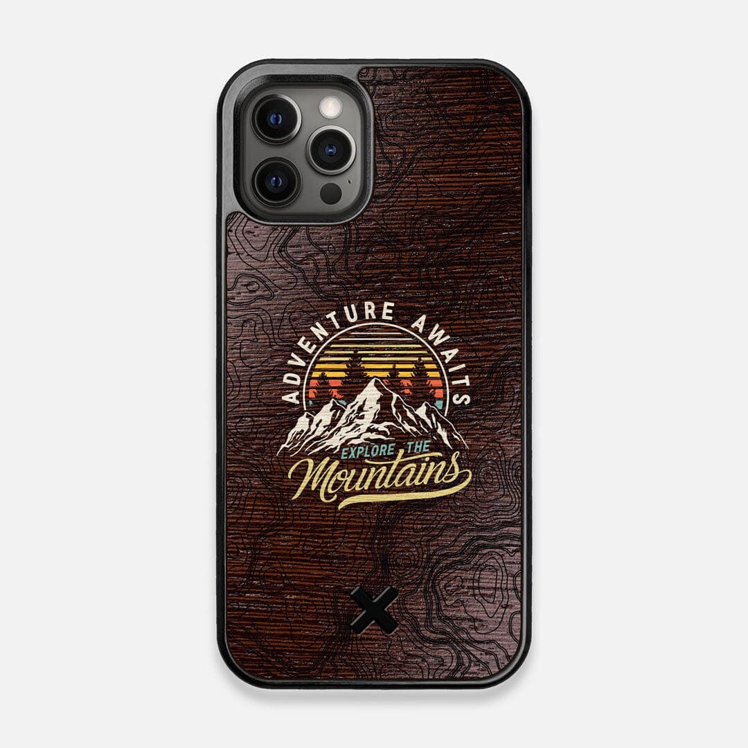 Front view of the crisp topographical map with Explorer badge printed on matte black impact acrylic iPhone 12/12 Pro Case by Keyway Designs