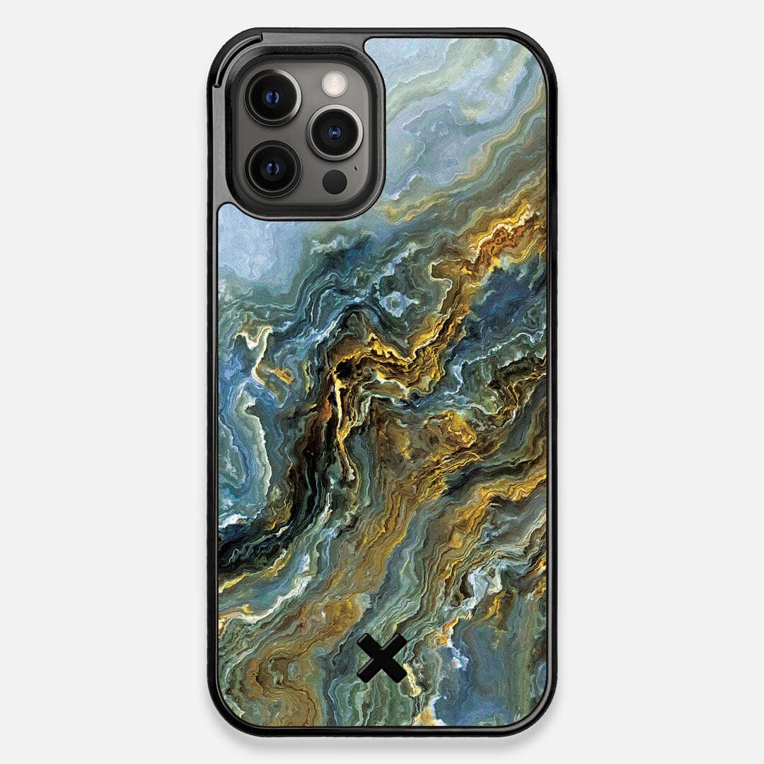 Front view of the vibrant and rich Blue & Gold flowing marble pattern printed Wenge Wood iPhone 12 Pro Max Case by Keyway Designs