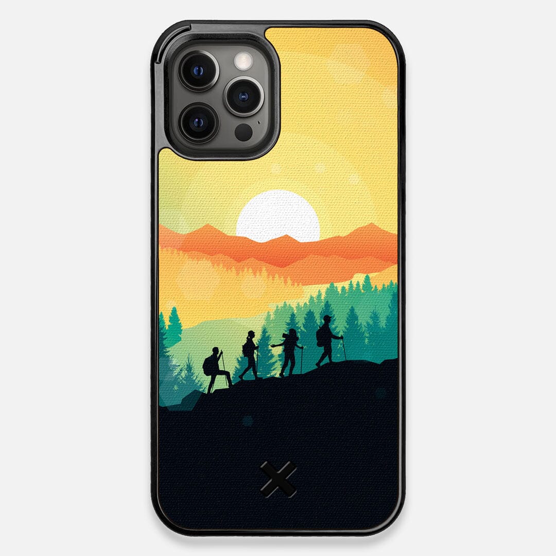 Front view of the stylized group of travellers on an expedition in the mountains printed to cotton canvas iPhone 12 Pro Max Case by Keyway Designs