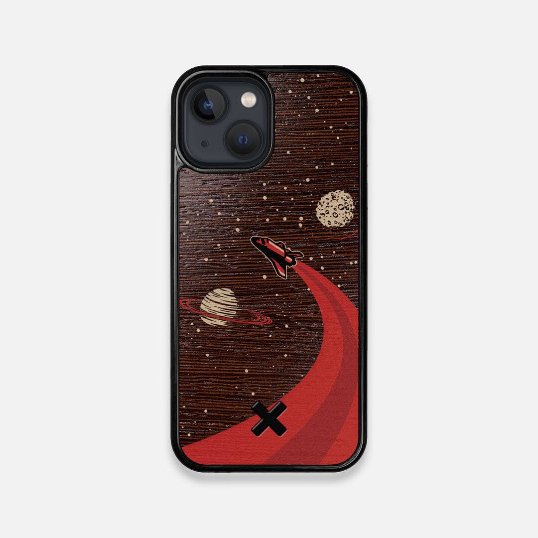 Front view of the stylized space shuttle boosting to saturn printed on Wenge wood iPhone 13 Mini Case by Keyway Designs
