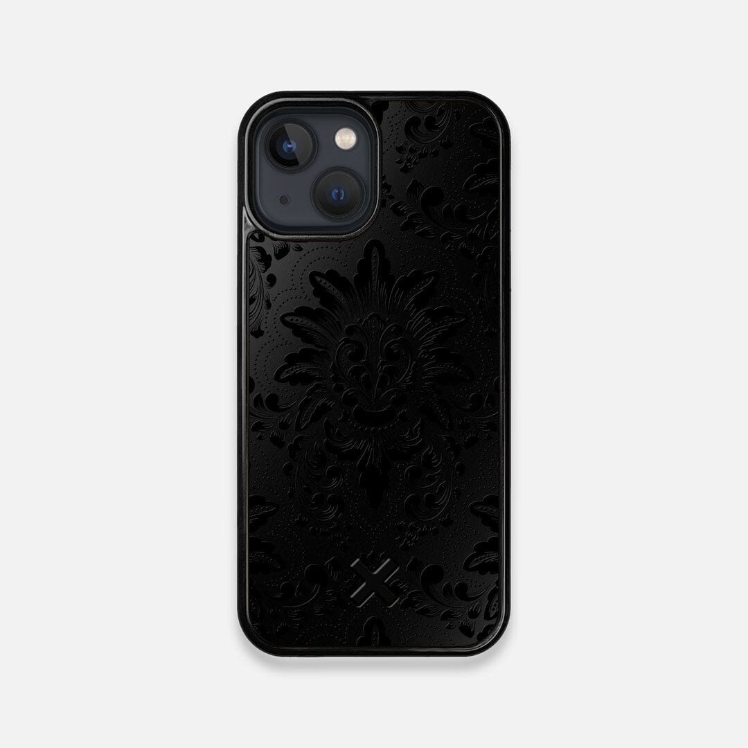 Front view of the detailed gloss Damask pattern printed on matte black impact acrylic iPhone 13 Mini Case by Keyway Designs