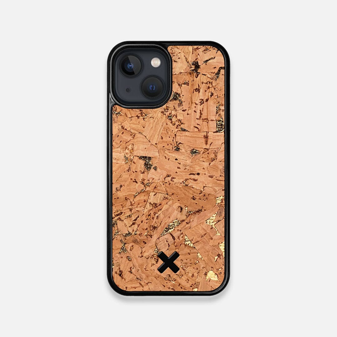 Front view of the gold fleck natural cork iPhone 13 Mini Case by Keyway Designs