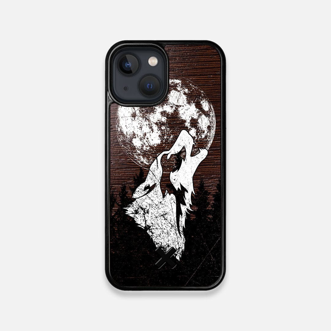 Front view of the high-contrast howling wolf on a full moon printed on a Wenge Wood iPhone 13 Mini Case by Keyway Designs