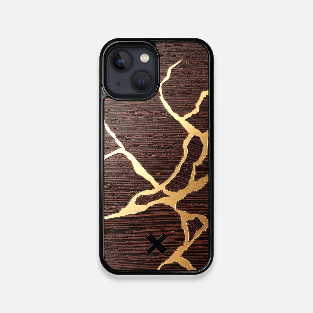 Front view of the Kintsugi inspired Gold and Wenge Wood iPhone 13 Mini Case by Keyway Designs