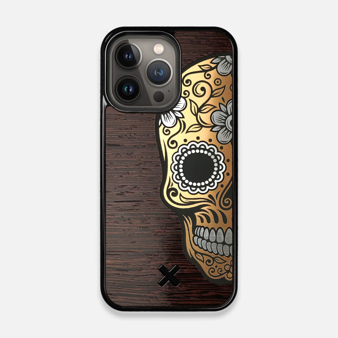 Front view of the Calavera Wood Sugar Skull Wood iPhone 13 Pro Case by Keyway Designs