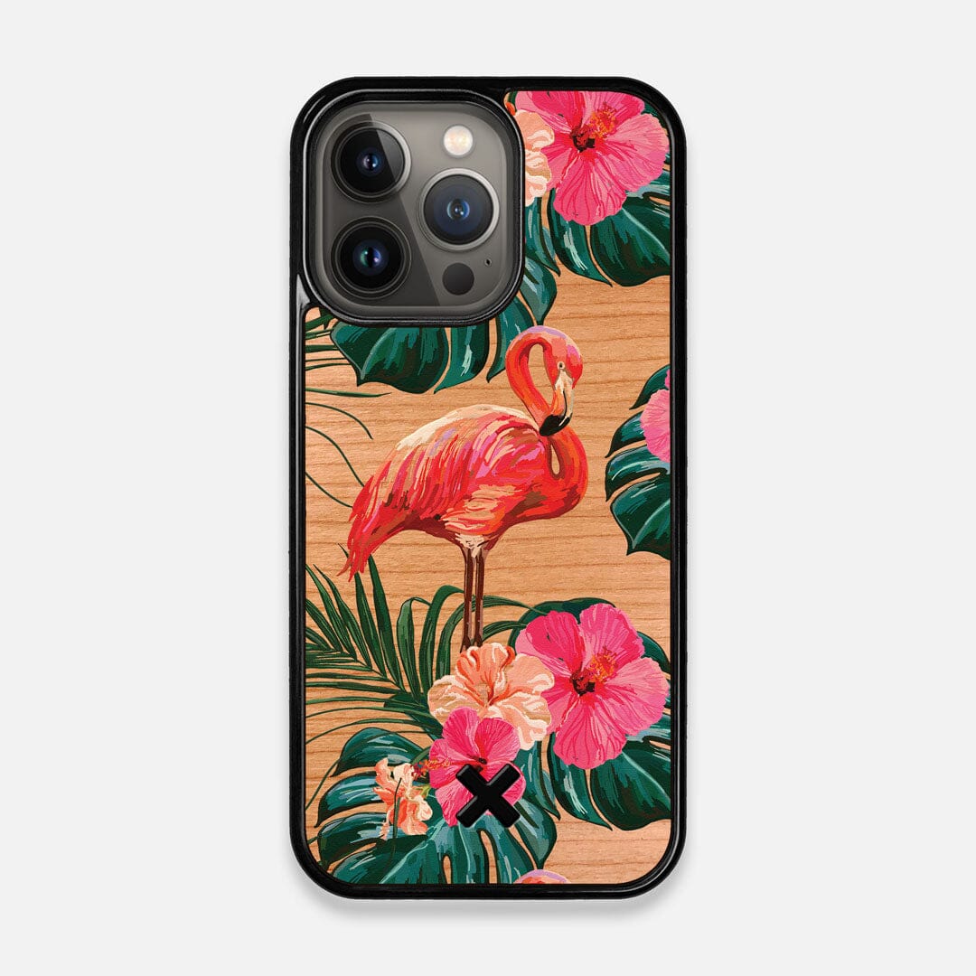 Front view of the Flamingo & Floral printed Cherry Wood iPhone 13 Pro Case by Keyway Designs