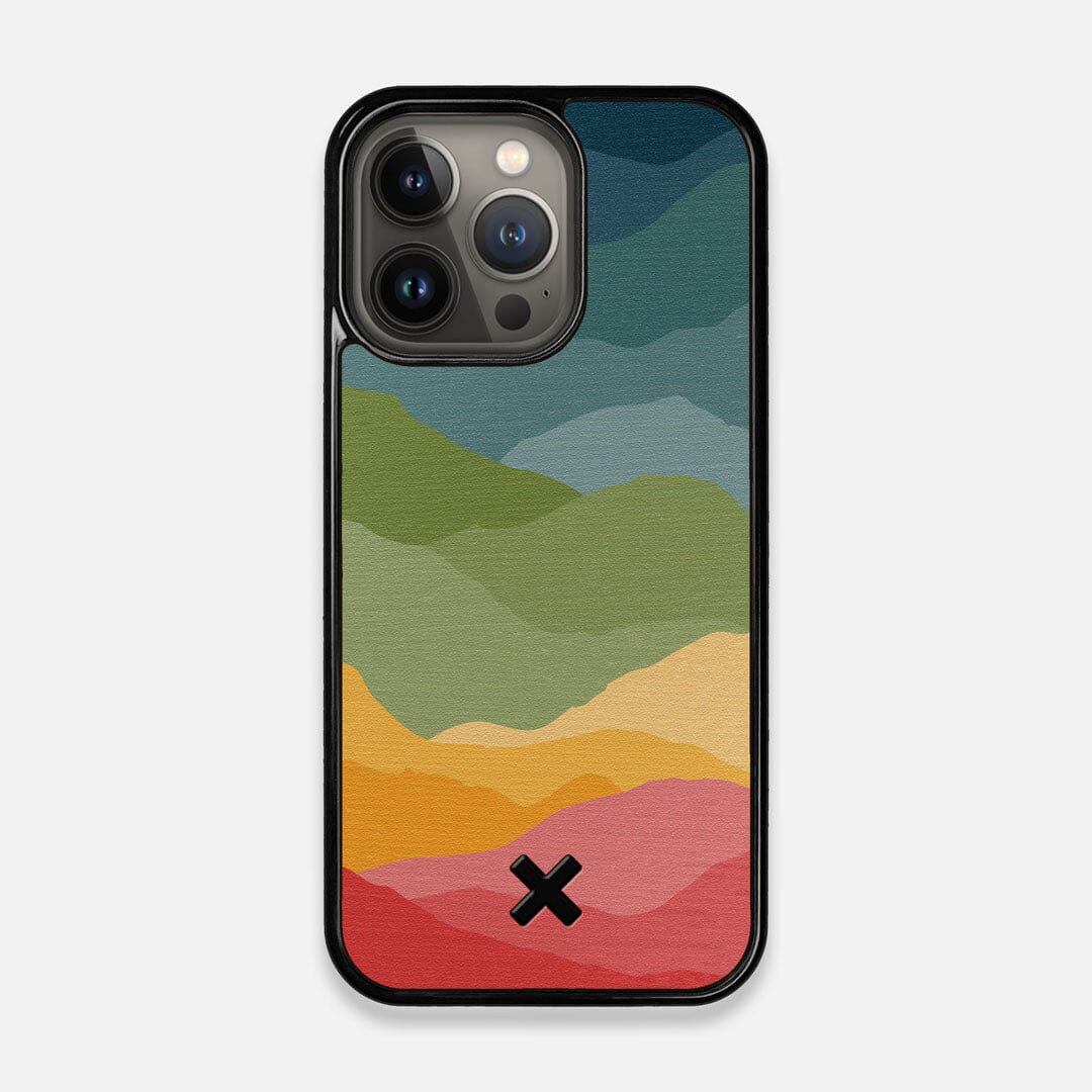 Front view of the vibrant flowing rainbow print on Wenge wood iPhone 13 Pro Case by Keyway Designs