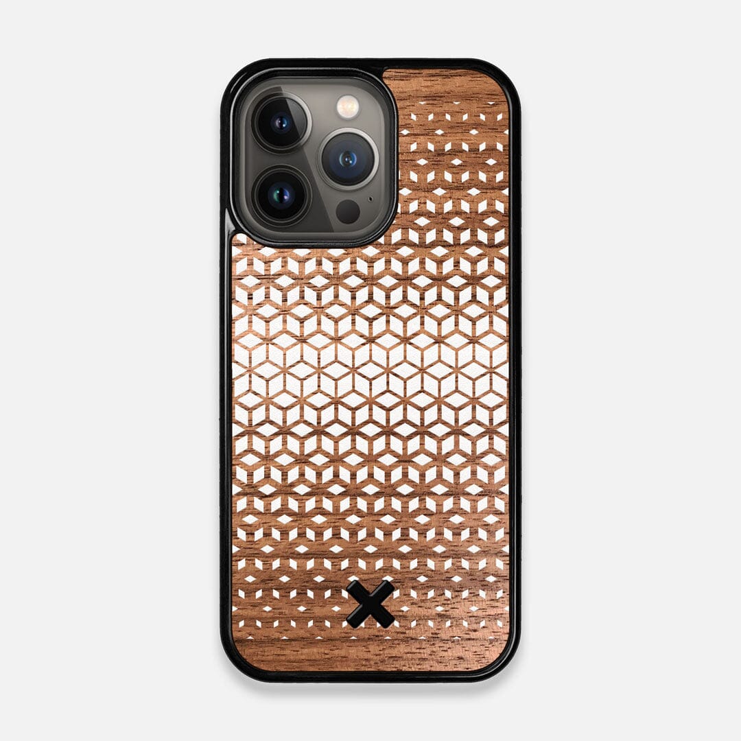 Front view of the white ink geometric gradient printed on Walnut wood iPhone 13 Pro Case by Keyway Designs