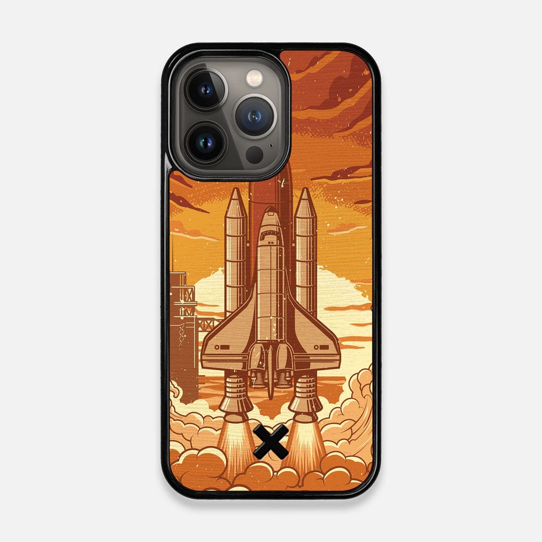 Front view of the vibrant stylized space shuttle launch print on Wenge wood iPhone 13 Pro Case by Keyway Designs