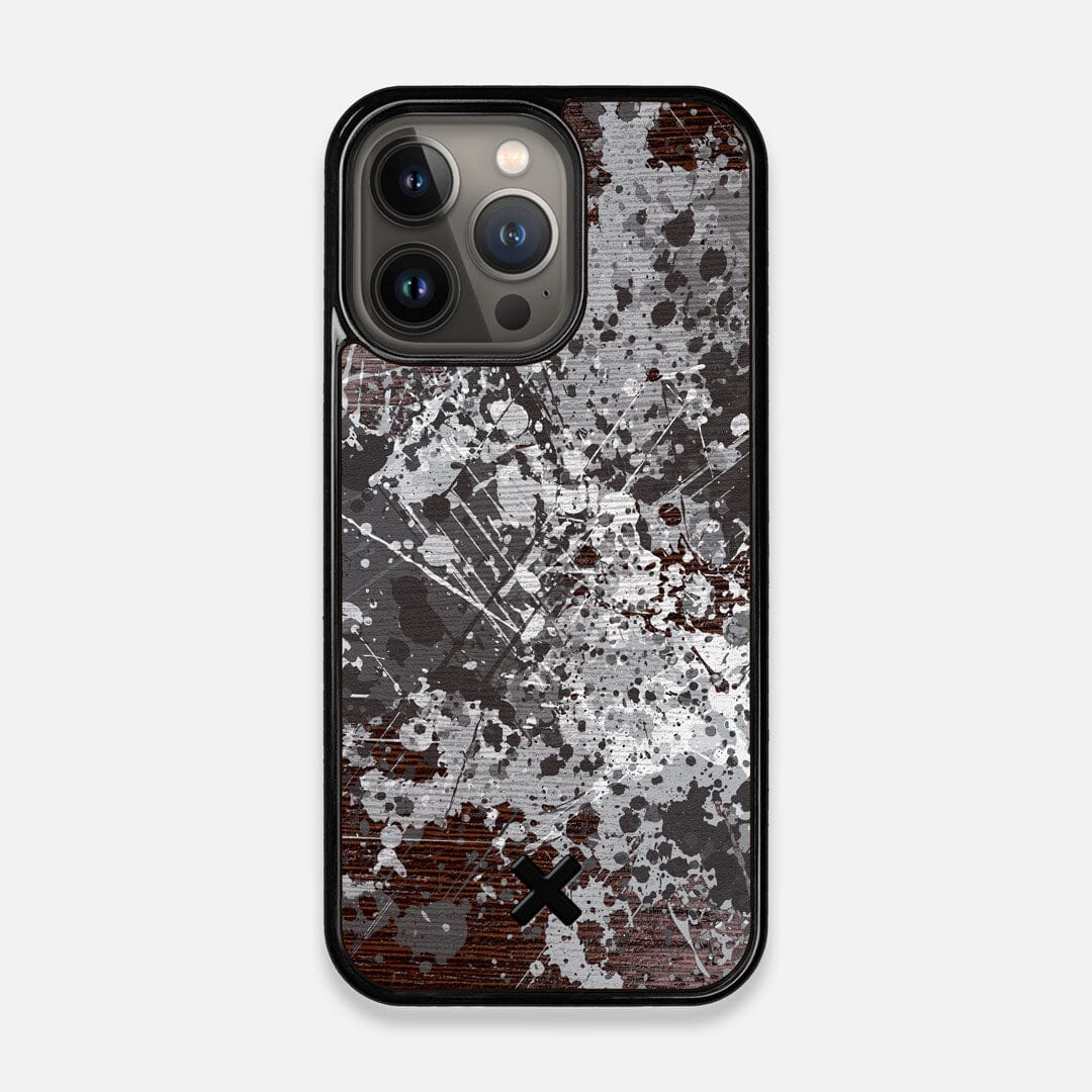Front view of the aggressive, monochromatic splatter pattern overprinted printed Wenge Wood iPhone 13 Pro Case by Keyway Designs