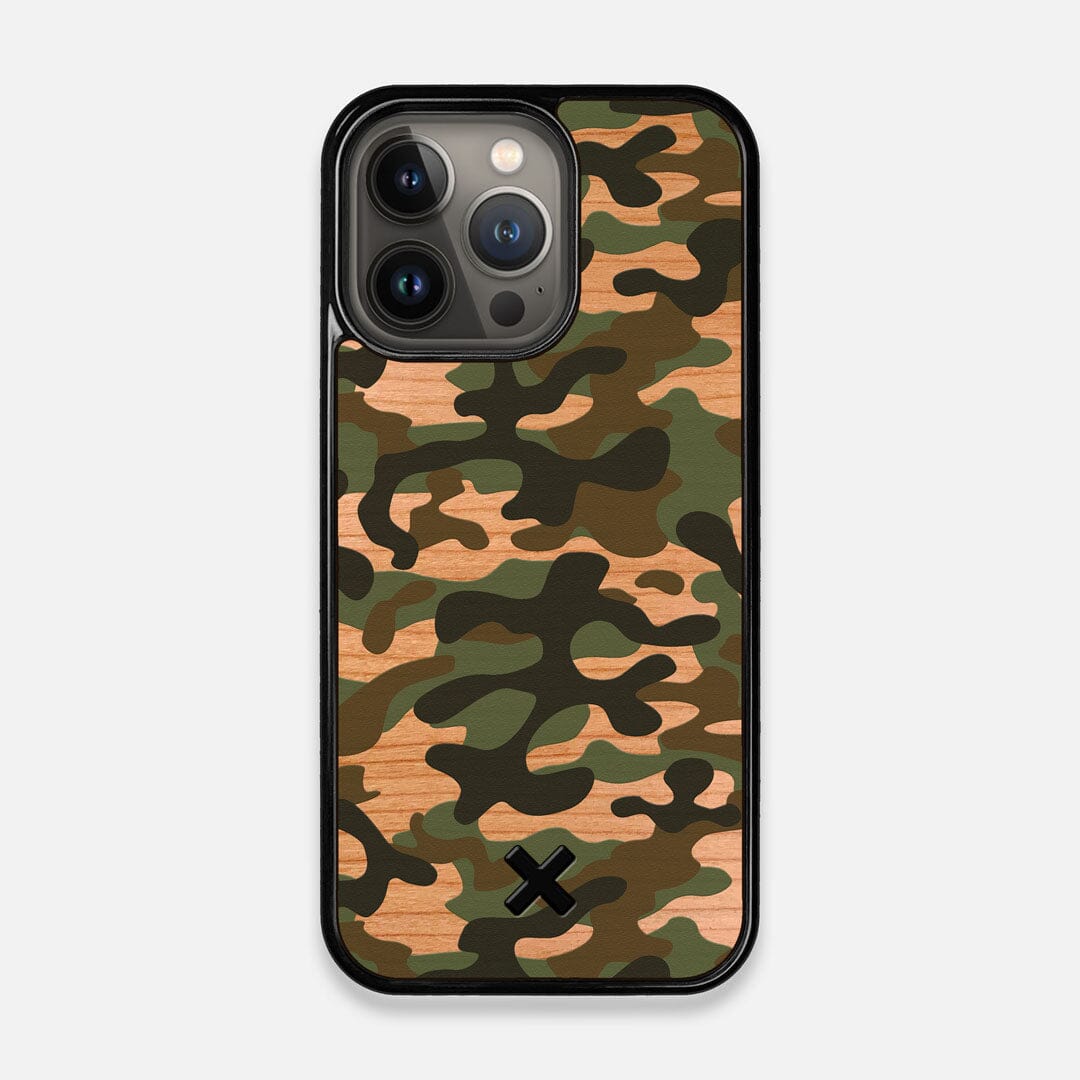 Front view of the stealth Paratrooper camo printed Wenge Wood iPhone 13 Pro Case by Keyway Designs