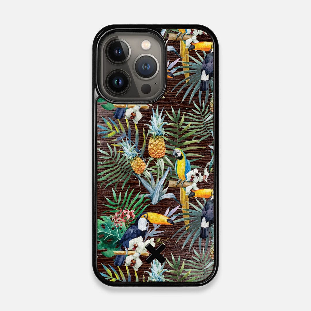 Front view of the Tropic Toucan and leaf printed Wenge Wood iPhone 13 Pro Case by Keyway Designs