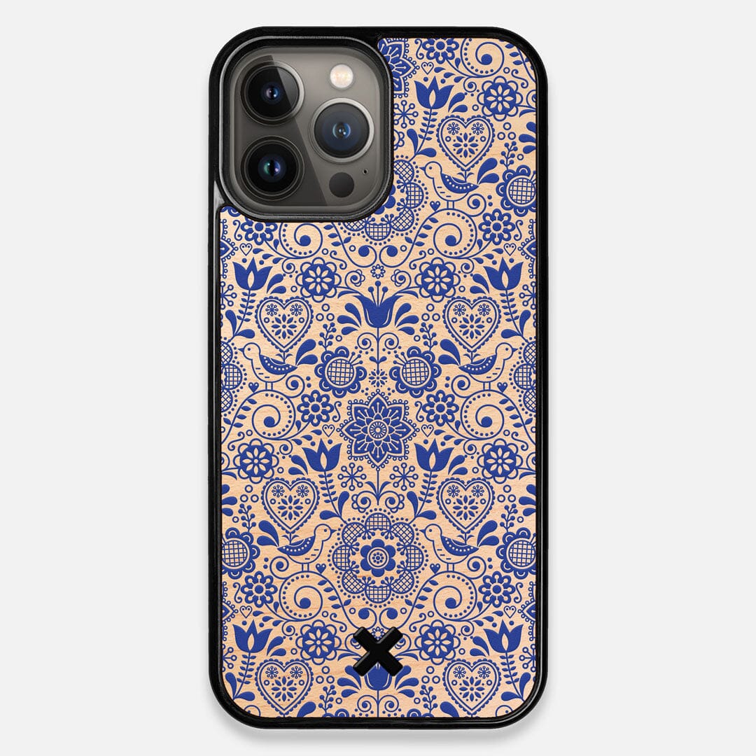 Front view of the blue floral pattern on maple wood iPhone 13 Pro Max Case by Keyway Designs