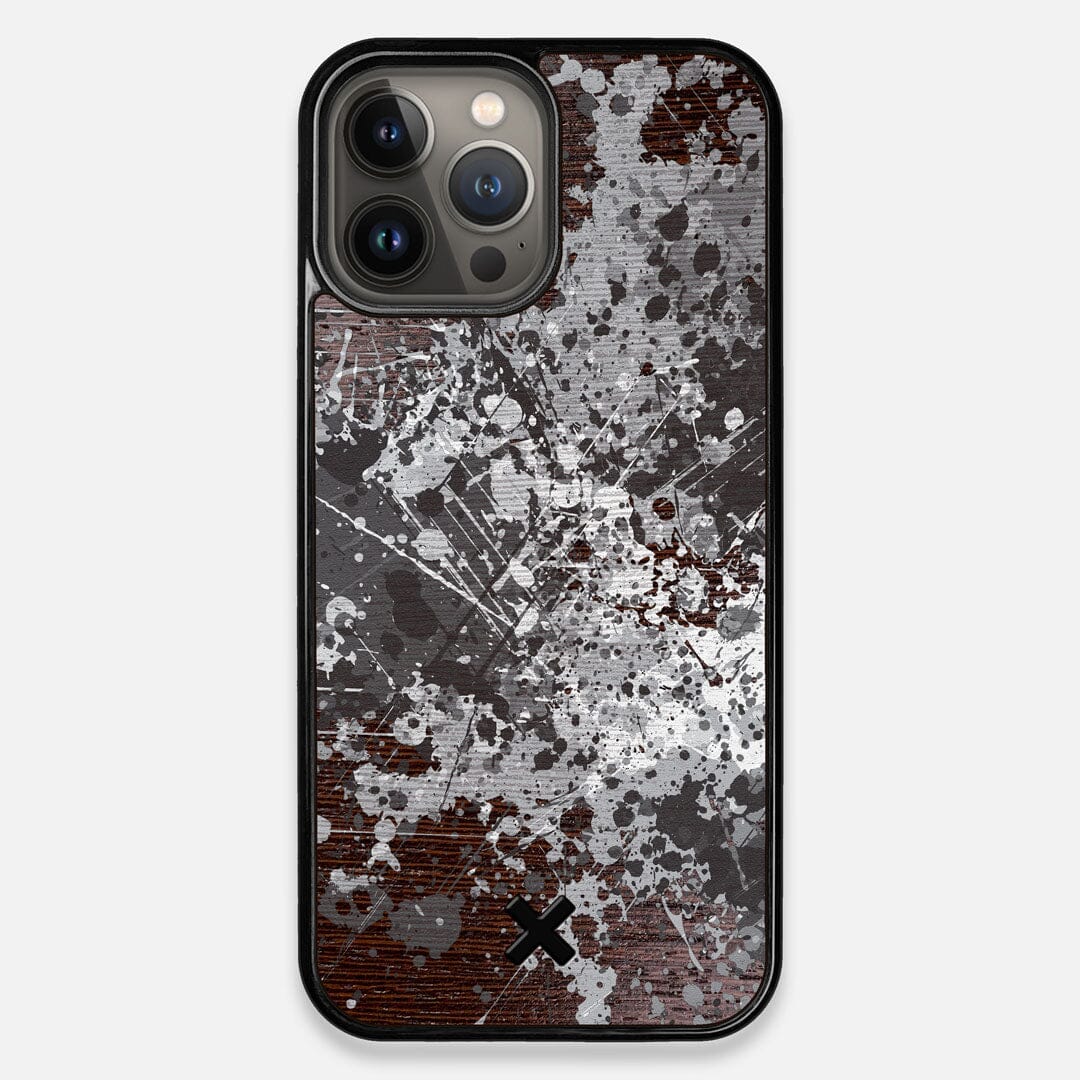 Front view of the aggressive, monochromatic splatter pattern overprintedprinted Wenge Wood iPhone 13 Pro Max Case by Keyway Designs