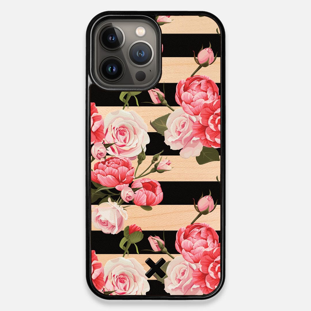 Front view of the artsy print of stripes with peonys and roses on Maple wood iPhone 13 Pro Max Case by Keyway Designs
