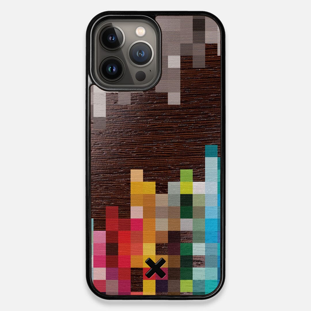 Front view of the digital art inspired pixelation design on Wenge wood iPhone 13 Pro Max Case by Keyway Designs