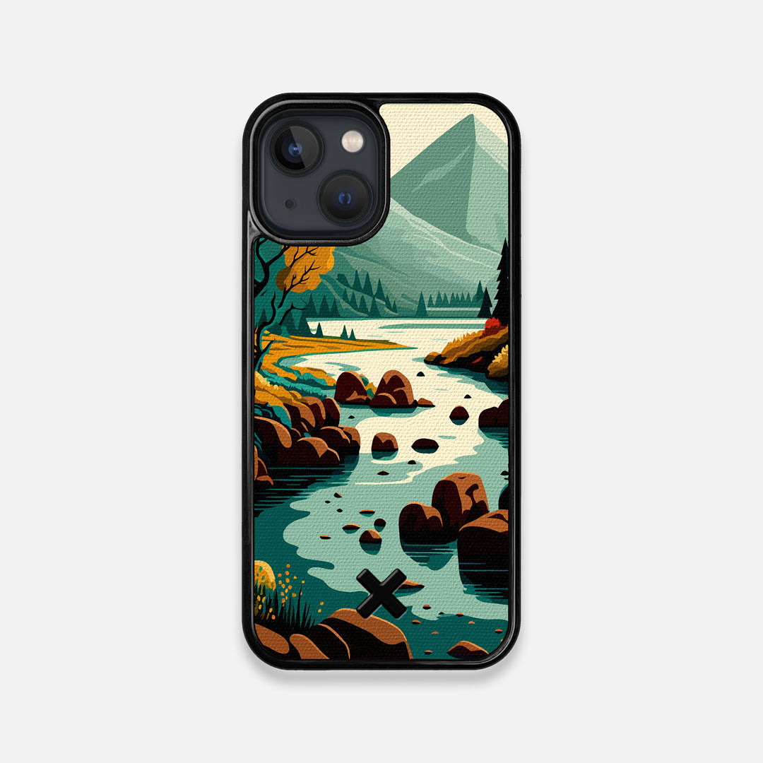 Front view of the stylized calm river flowing towards a lake at the base of the mountains printed to cotton canvas iPhone 13 Mini Case by Keyway Designs