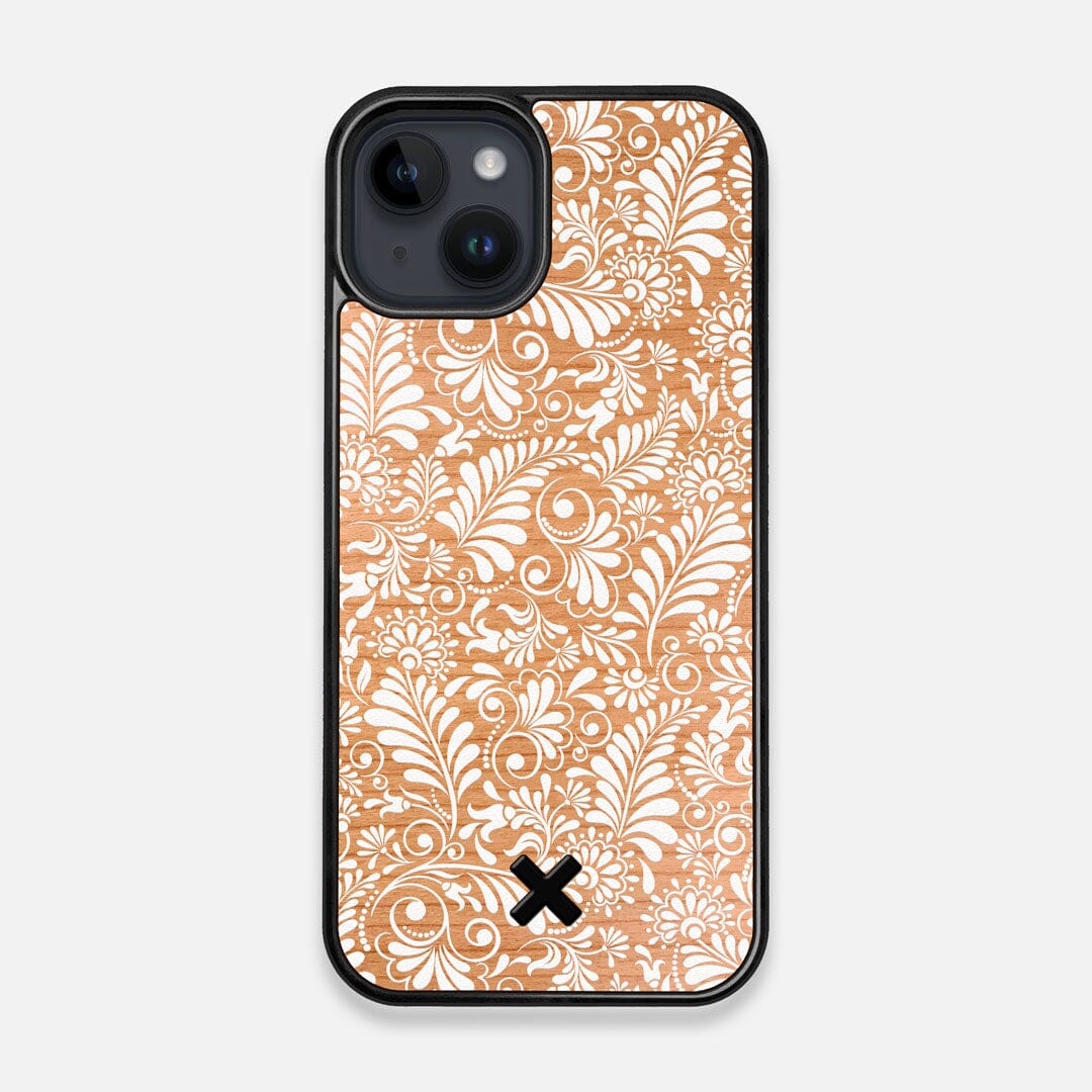 Front view of the white ink flowing botanical print on Cherry wood iPhone 14 MagSafe Case by Keyway Designs
