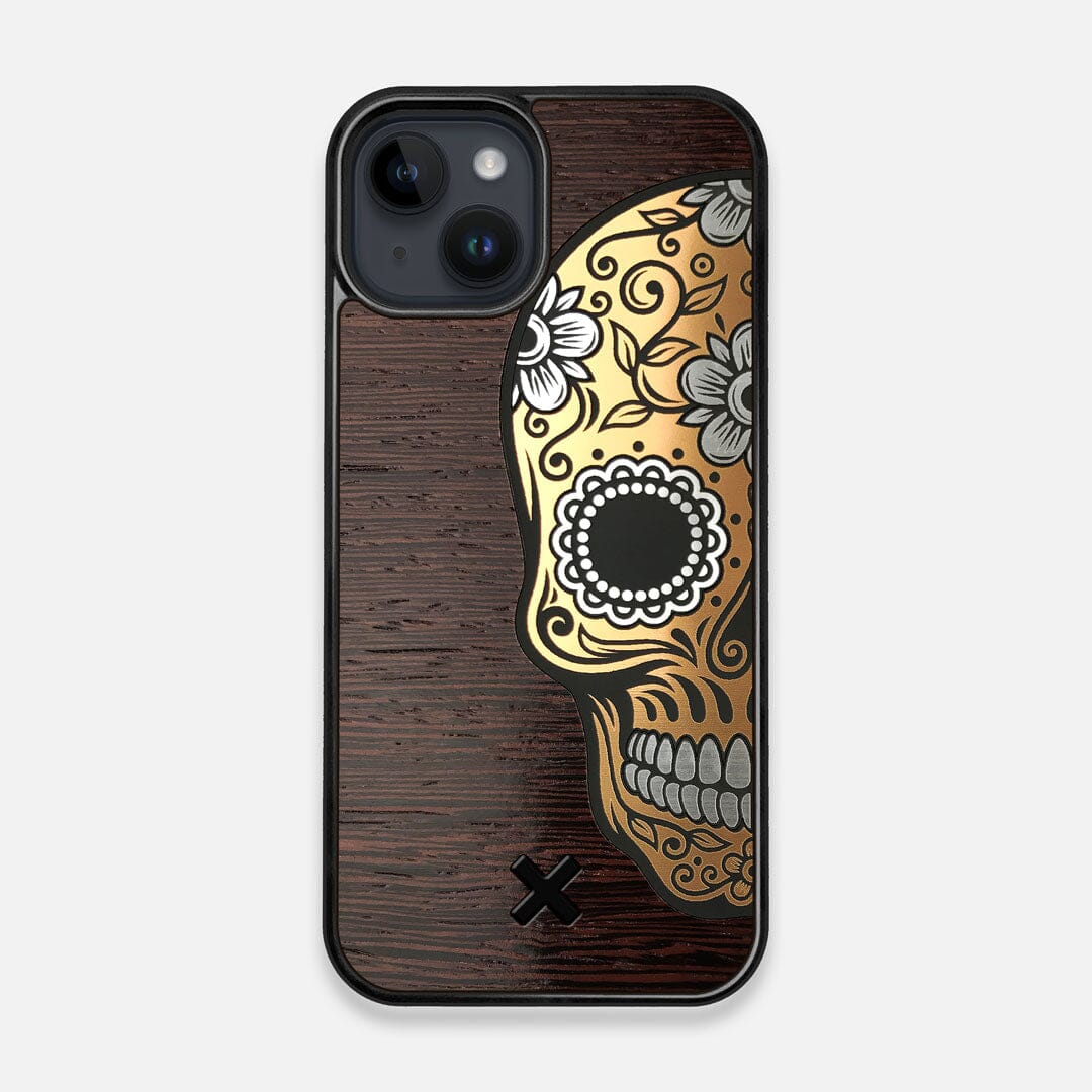 Front view of the Calavera Wood Sugar Skull Wood iPhone 15 MagSafe Case by Keyway Designs