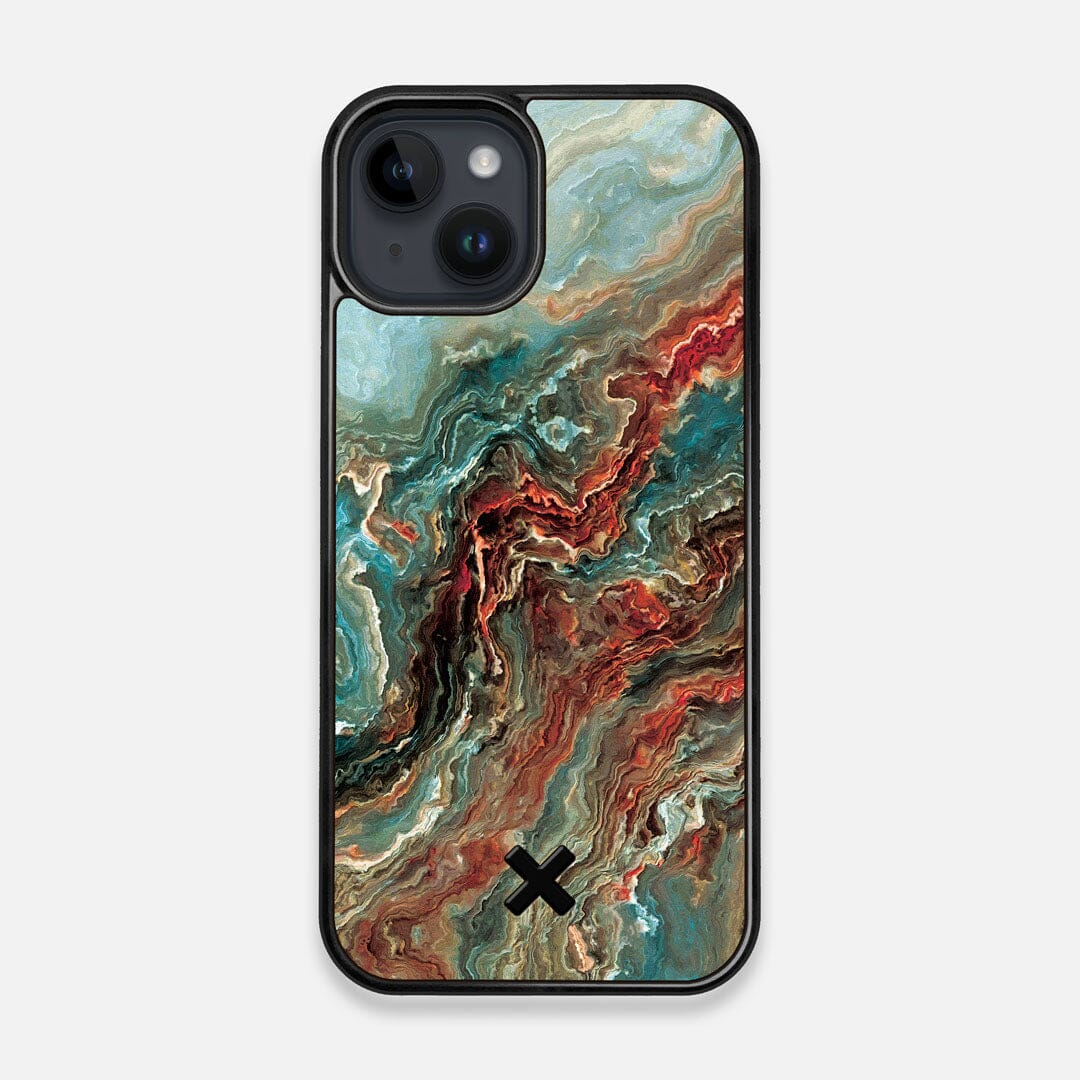 Front view of the vibrant and rich Red & Green flowing marble pattern printed Wenge Wood iPhone 15 MagSafe Case by Keyway Designs
