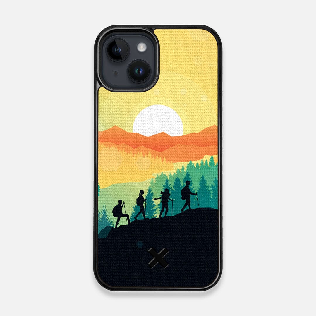 Front view of the stylized group of travellers on an expedition in the mountains printed to cotton canvas iPhone 15 MagSafe Case by Keyway Designs
