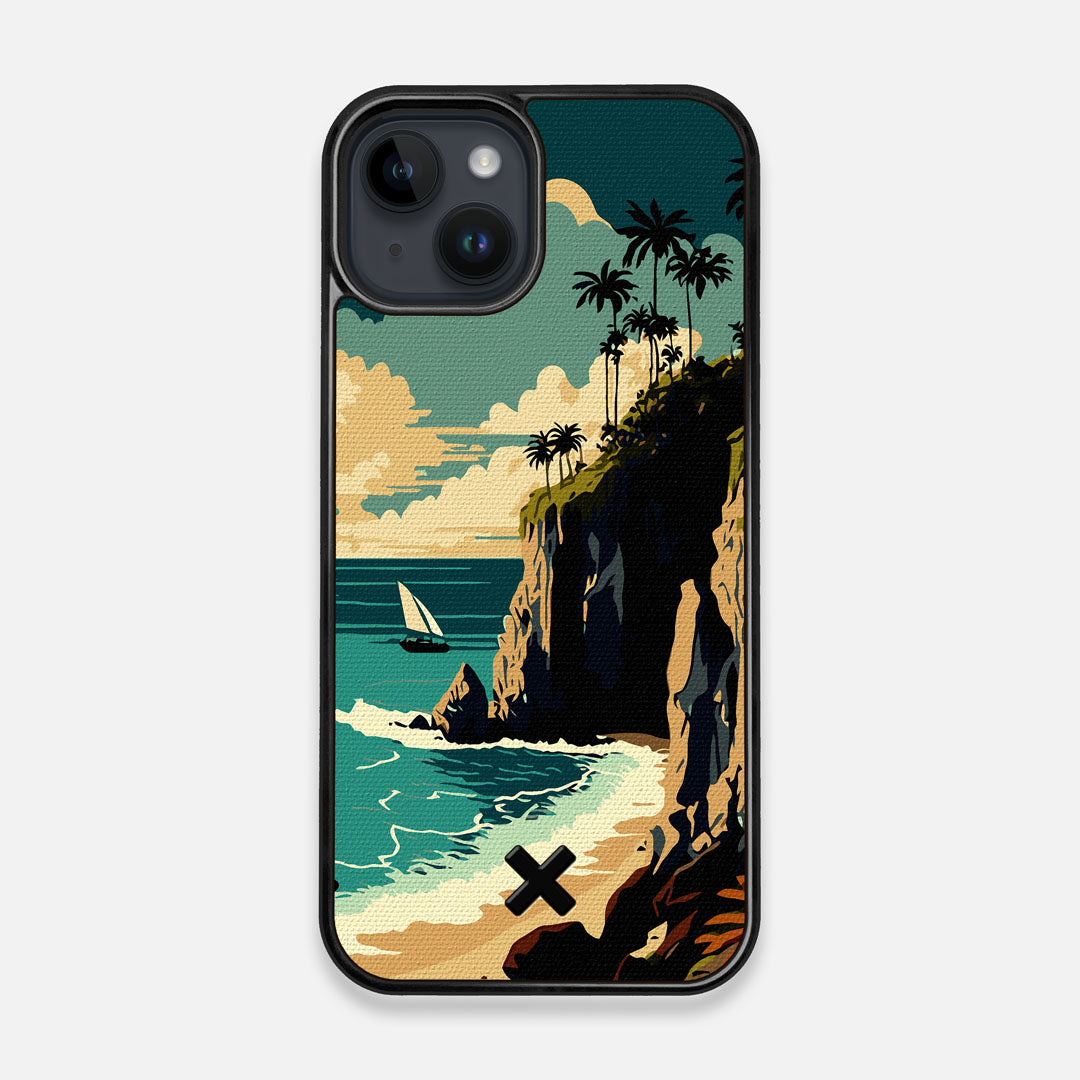 Front view of the stylized seaside bluff with the ocean waves crashing on the shore printed on cotton canvas iPhone 15 MagSafe Case by Keyway Designs