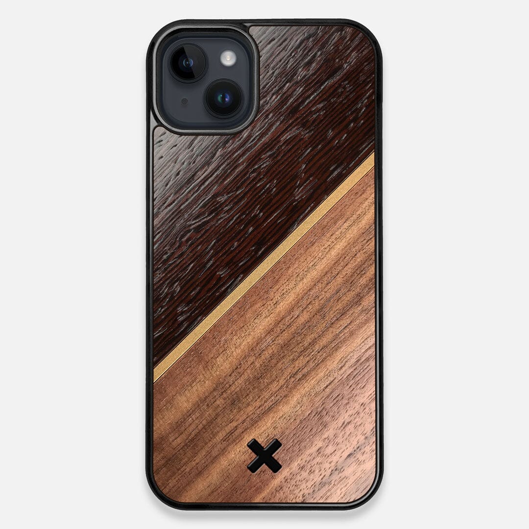 Front view of the Alium Walnut, Gold, and Wenge Elegant Wood iPhone 14 Plus MagSafe Case by Keyway Designs