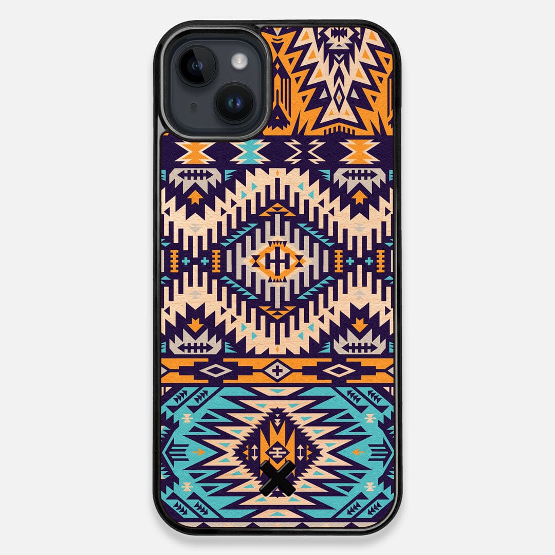 Front view of the vibrant Aztec printed Maple Wood iPhone 14 Plus MagSafe Case by Keyway Designs