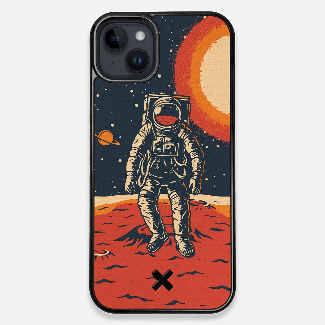 Front view of the stylized astronaut space-walk print on Cherry wood iPhone 15 Plus MagSafe Case by Keyway Designs
