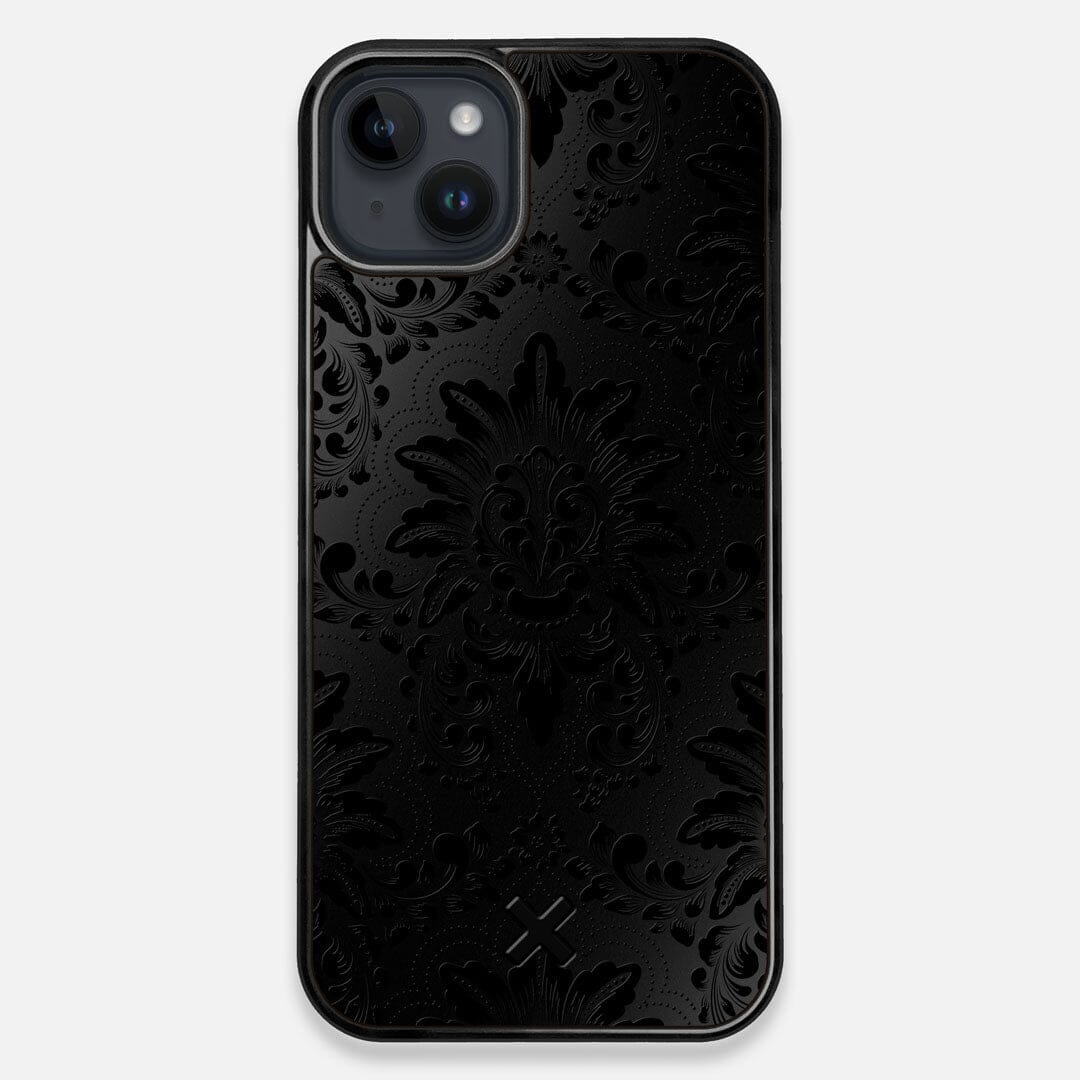 Front view of the detailed gloss Damask pattern printed on matte black impact acrylic iPhone 14 Plus MagSafe Case by Keyway Designs