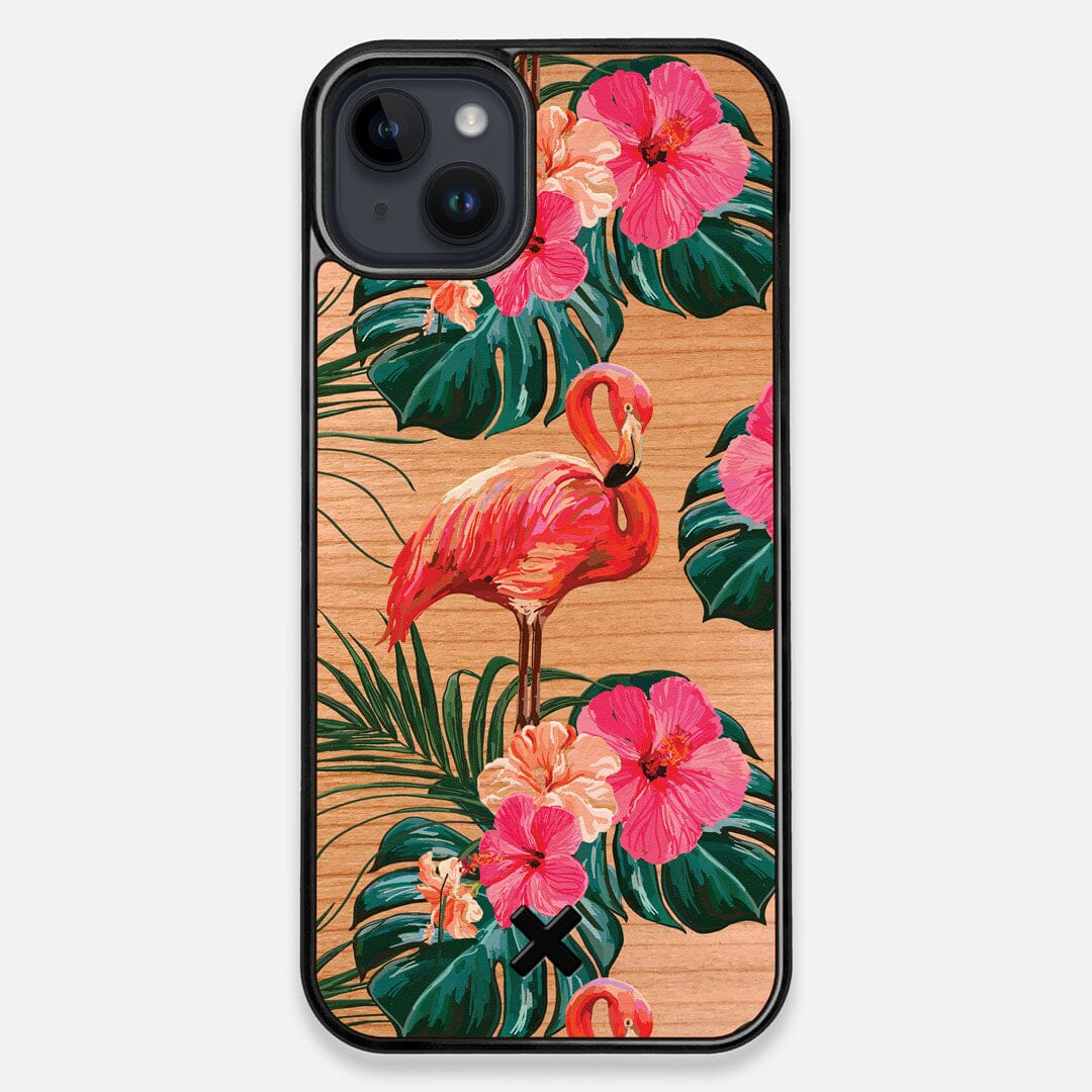 Front view of the Flamingo & Floral printed Cherry Wood iPhone 15 Plus MagSafe Case by Keyway Designs
