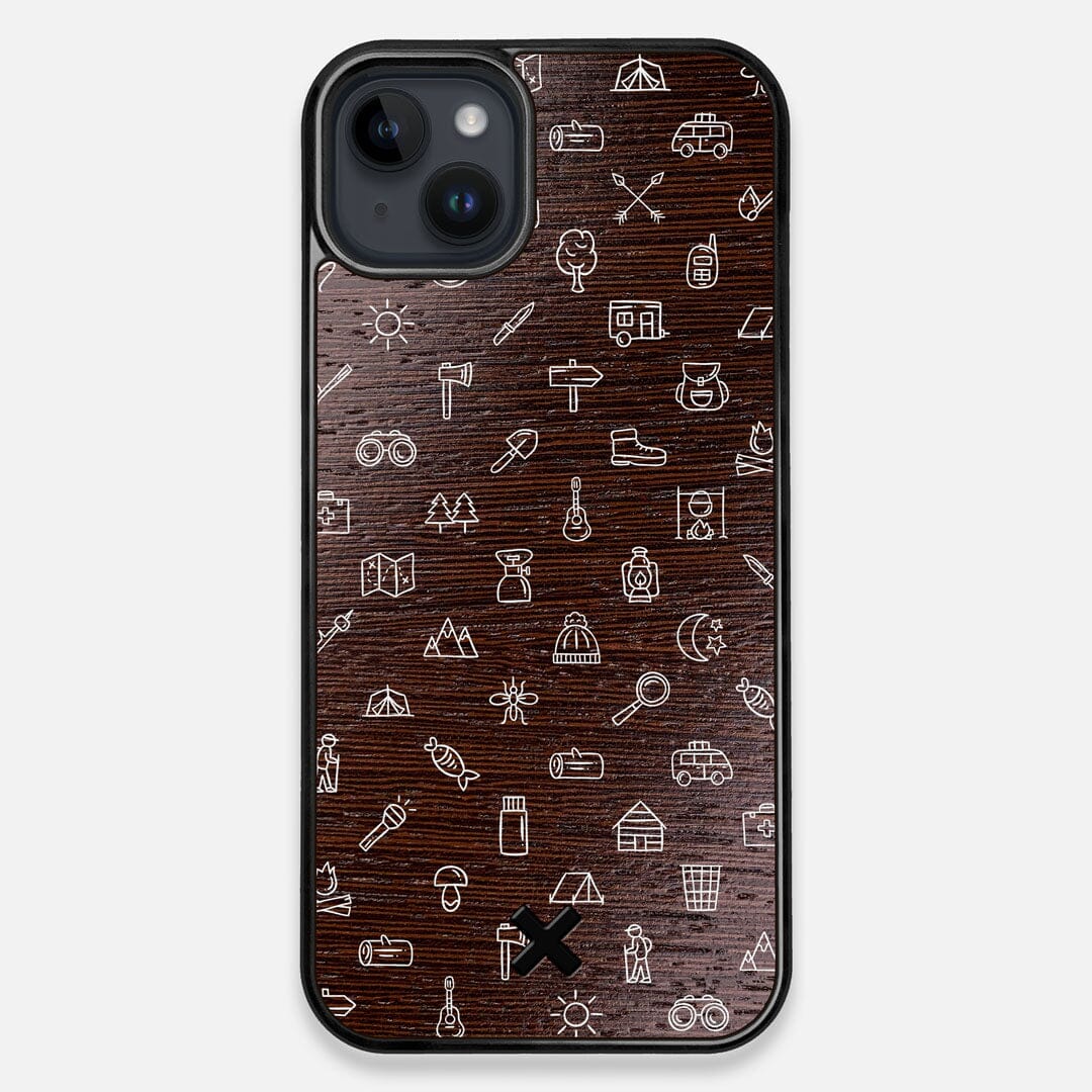 Front view of the fun detailed camping icon print on Wenge wood iPhone 15 Plus MagSafe Case by Keyway Designs