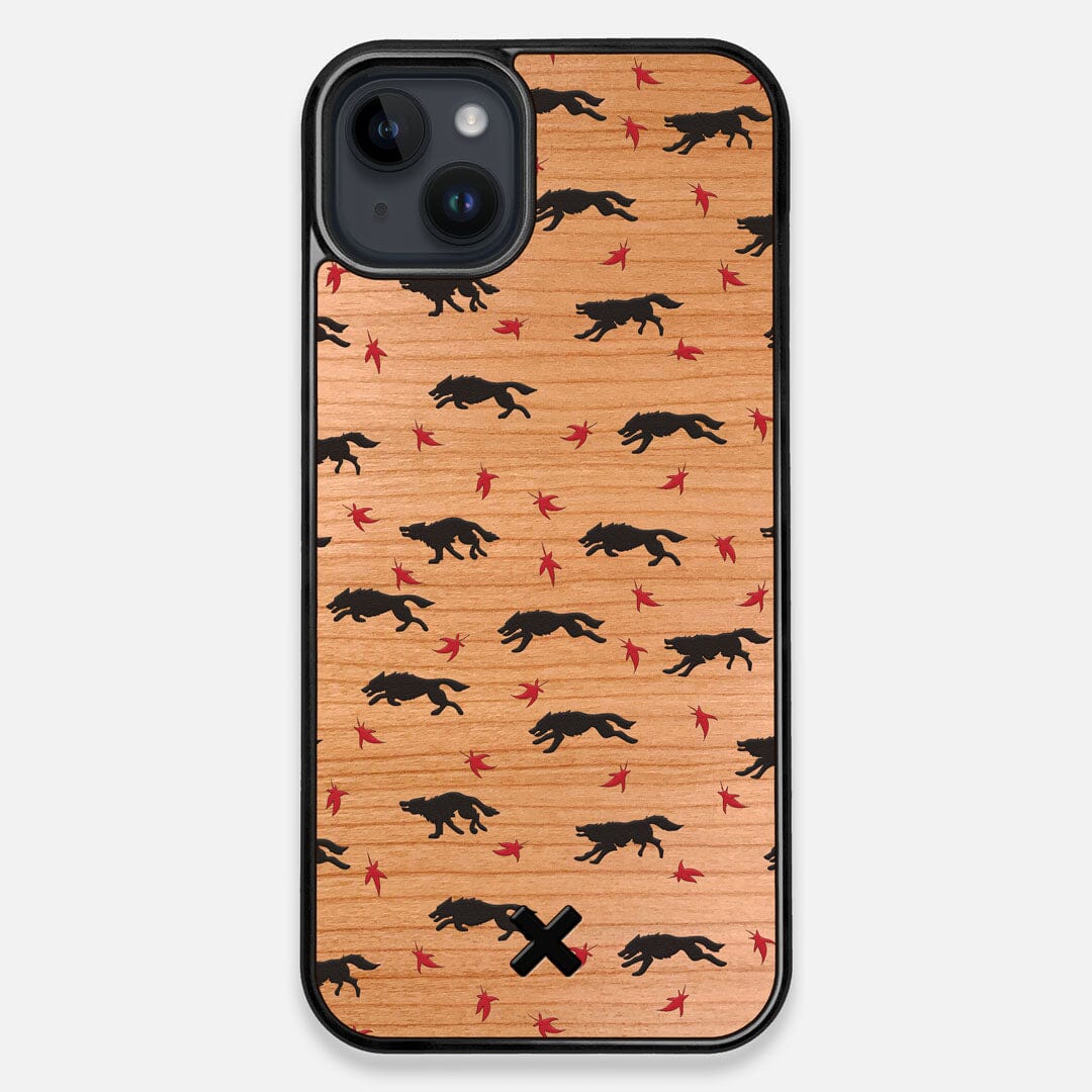 Front view of the unique pattern of wolves and Maple leaves printed on Cherry wood iPhone 14 Plus MagSafe Case by Keyway Designs
