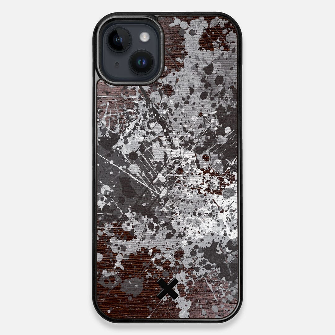 Front view of the aggressive, monochromatic splatter pattern overprintedprinted Wenge Wood iPhone 15 Plus MagSafe Case by Keyway Designs