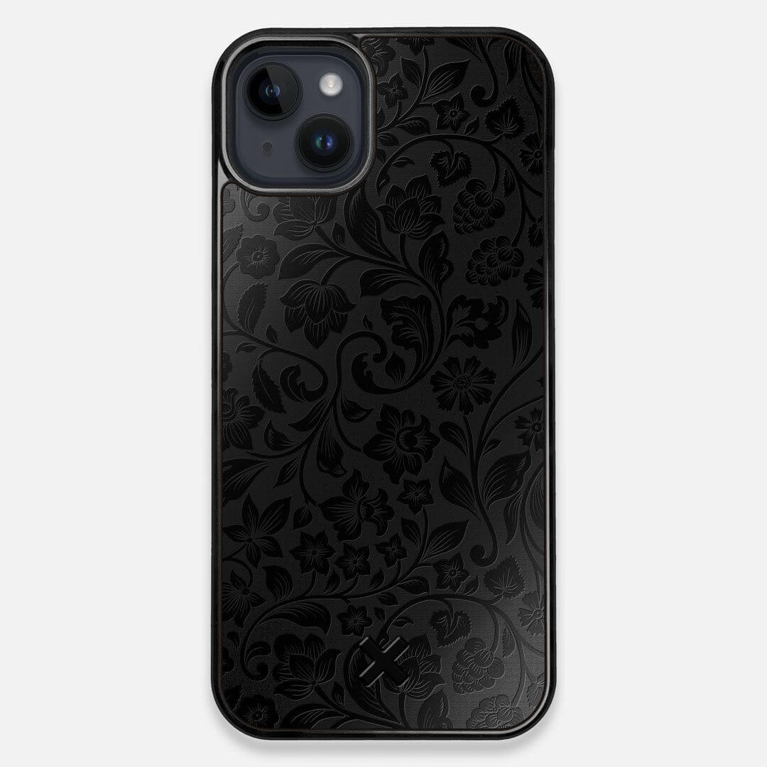 Front view of the highly detailed midnight floral engraving on matte black impact acrylic iPhone 15 Plus MagSafe Case by Keyway Designs