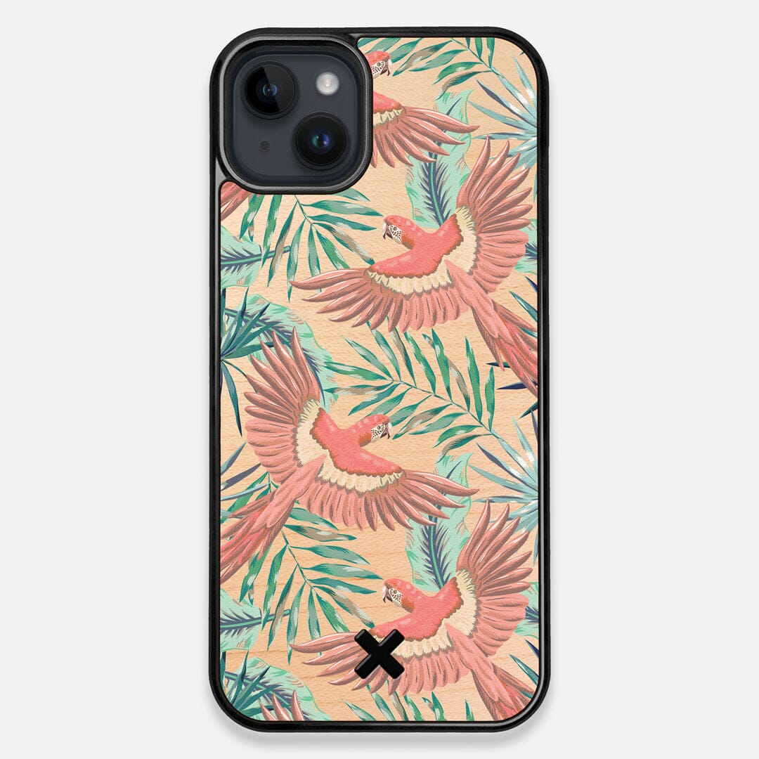 Front view of the Paradise Macaw and Tropical Leaf printed Maple Wood iPhone 15 Plus MagSafe Case by Keyway Designs