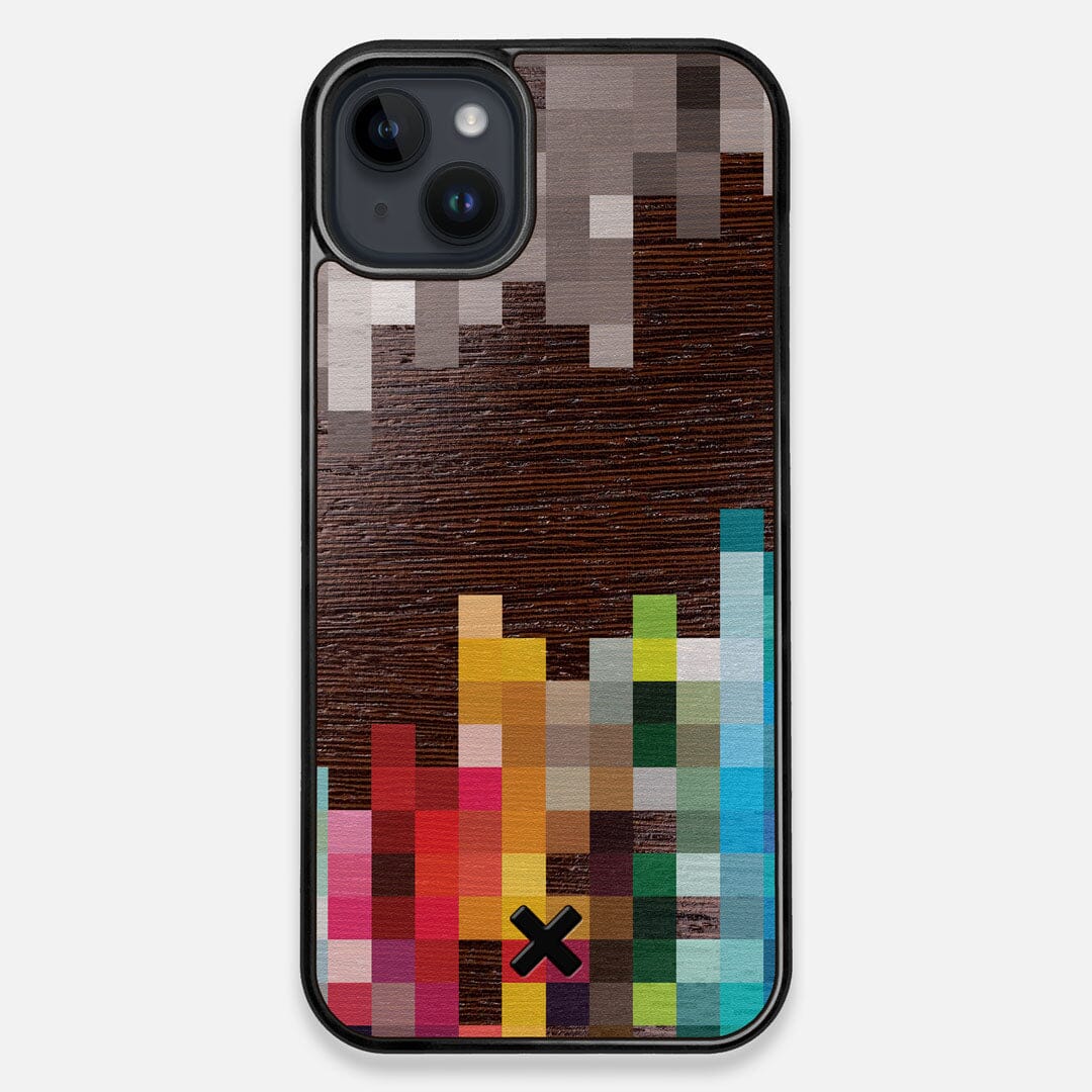 Front view of the digital art inspired pixelation design on Wenge wood iPhone 15 Plus MagSafe Case by Keyway Designs