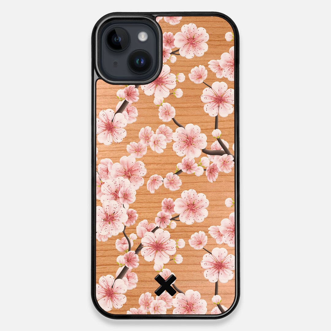 Front view of the Sakura Printed Cherry-blossom Cherry Wood iPhone 15 Plus MagSafe Case by Keyway Designs