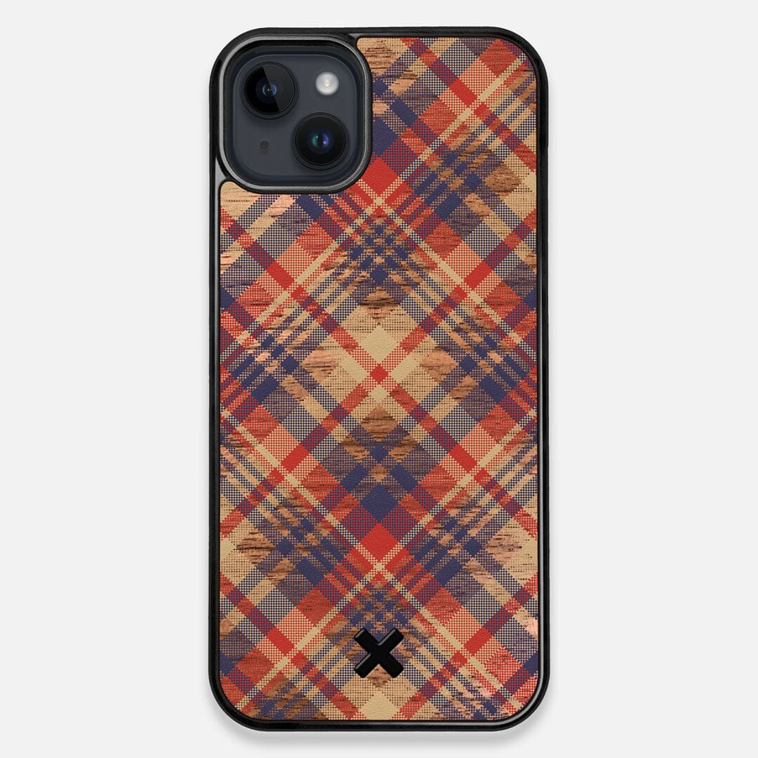 Front view of the Tartan print of beige, blue, and red on Walnut wood iPhone 15 Plus MagSafe Case by Keyway Designs