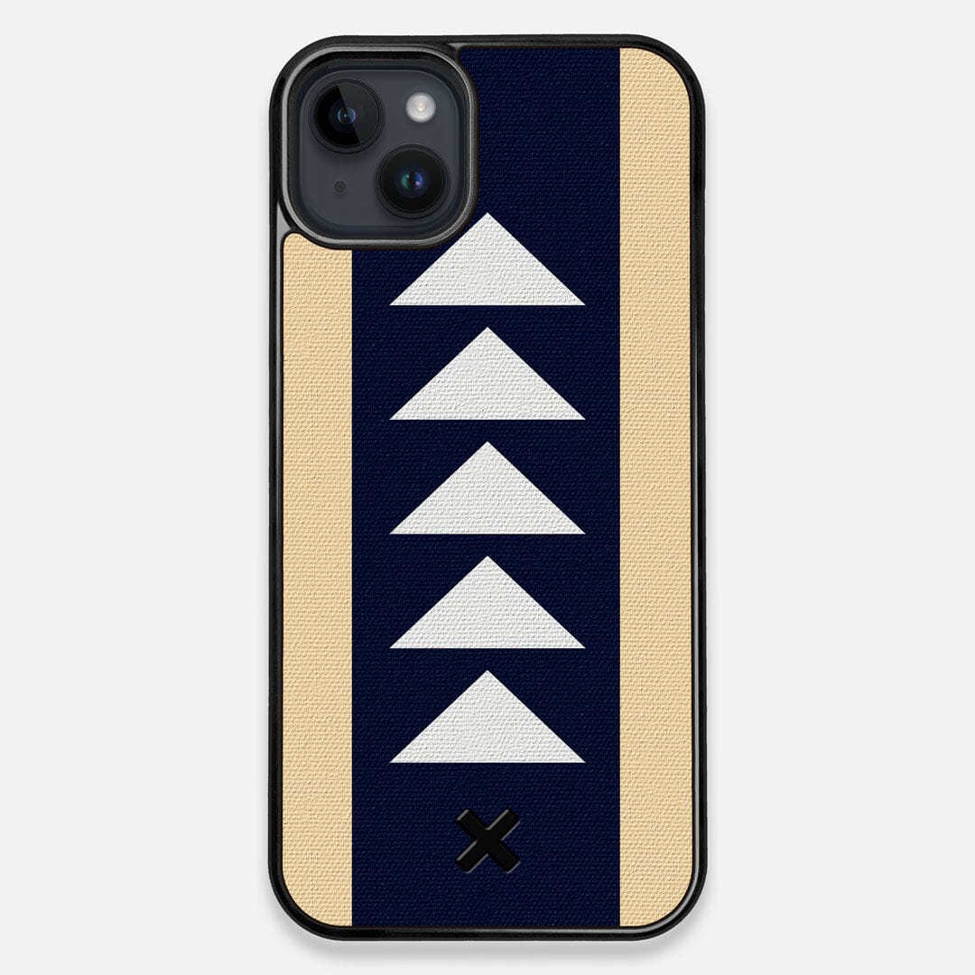 Front view of the Track Adventure Marker in the Wayfinder series UV-Printed thick cotton canvas iPhone 15 Plus MagSafe Case by Keyway Designs
