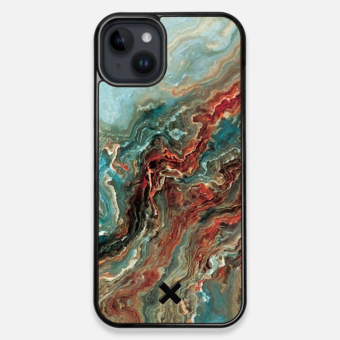 Front view of the vibrant and rich Red & Green flowing marble pattern printed Wenge Wood iPhone 15 Plus MagSafe Case by Keyway Designs