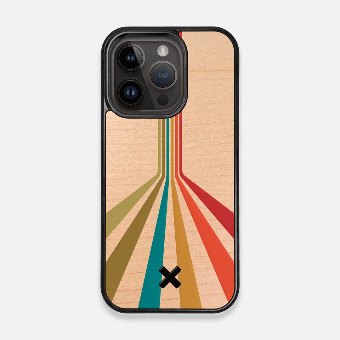 Front view of the array of colour beams splitting across the MagSafe Case printed on Maple wood iPhone 15 Pro MagSafe Case by Keyway Designs