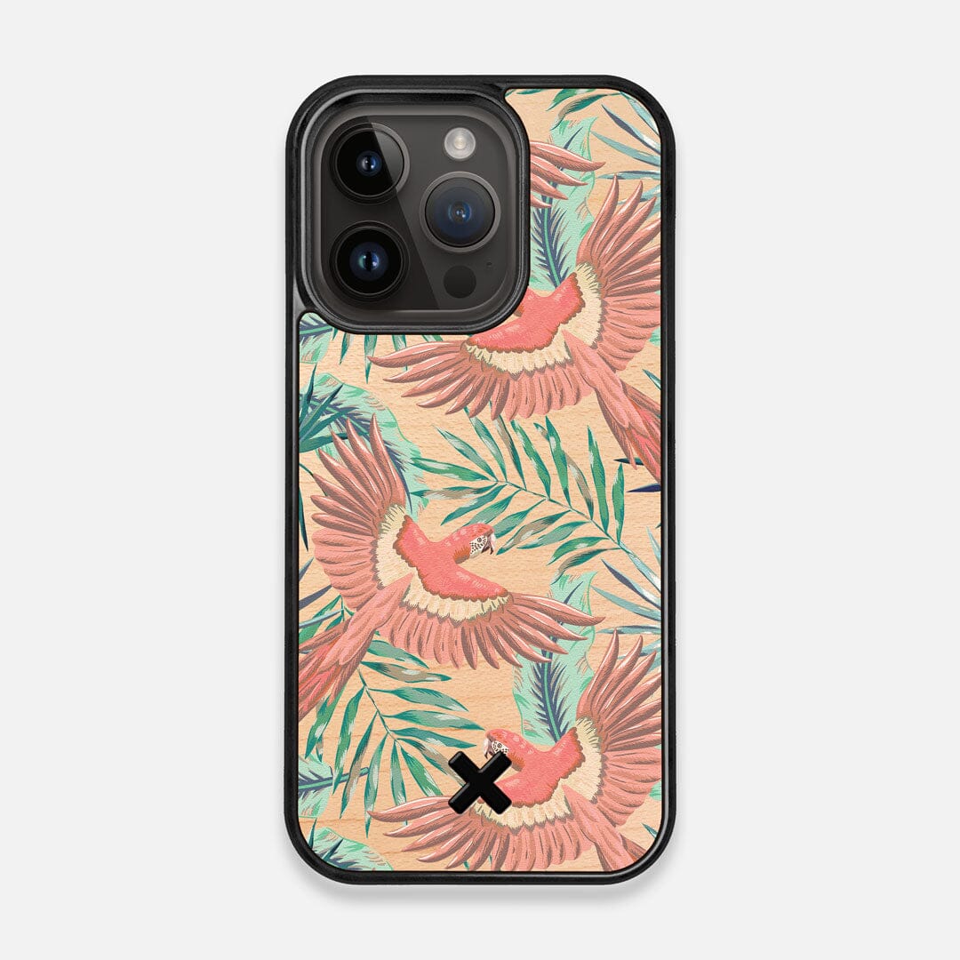 Front view of the Paradise Macaw and Tropical Leaf printed Maple Wood iPhone 15 Pro MagSafe Case by Keyway Designs