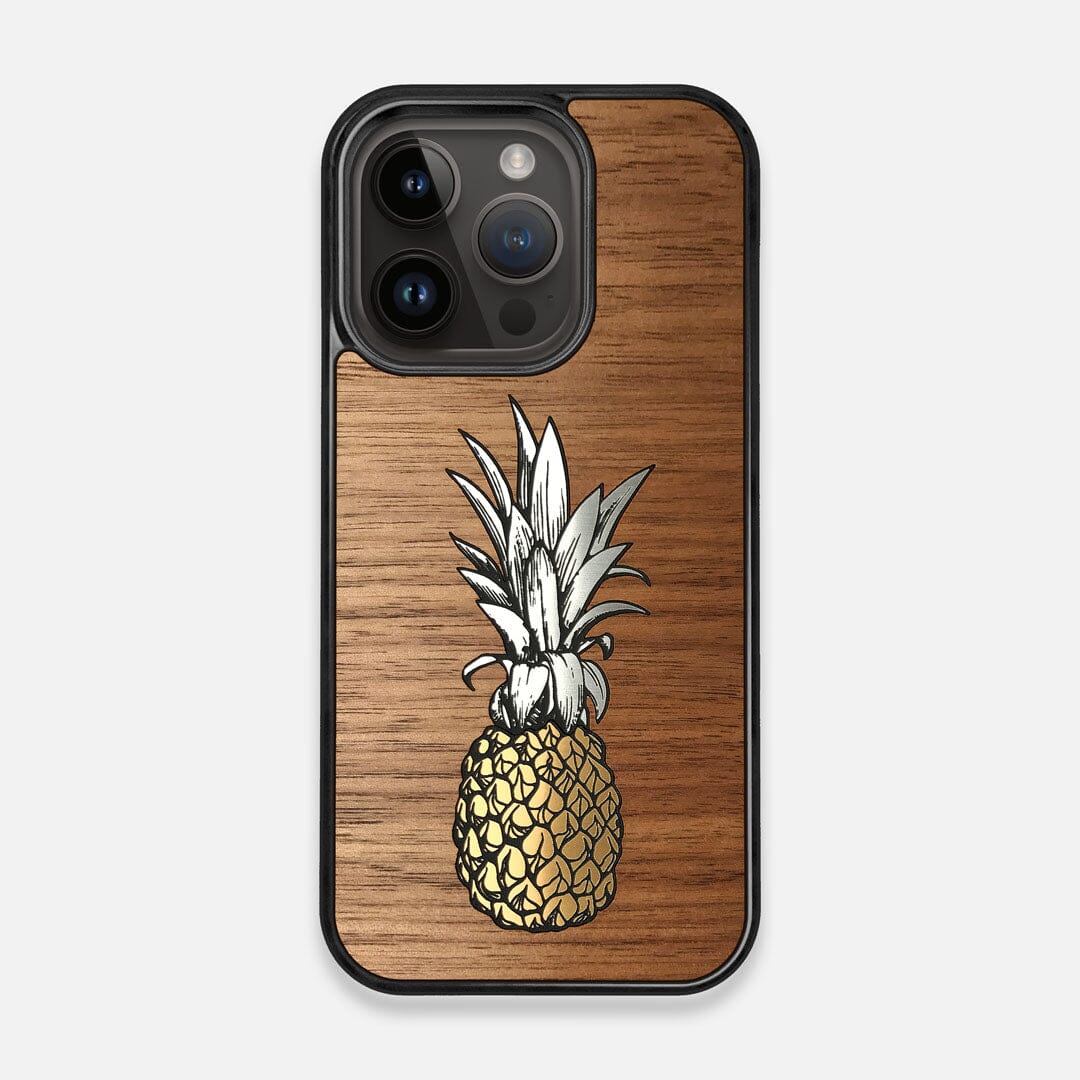 Front view of the Pineapple Walnut Wood iPhone 15 Pro MagSafe Case by Keyway Designs