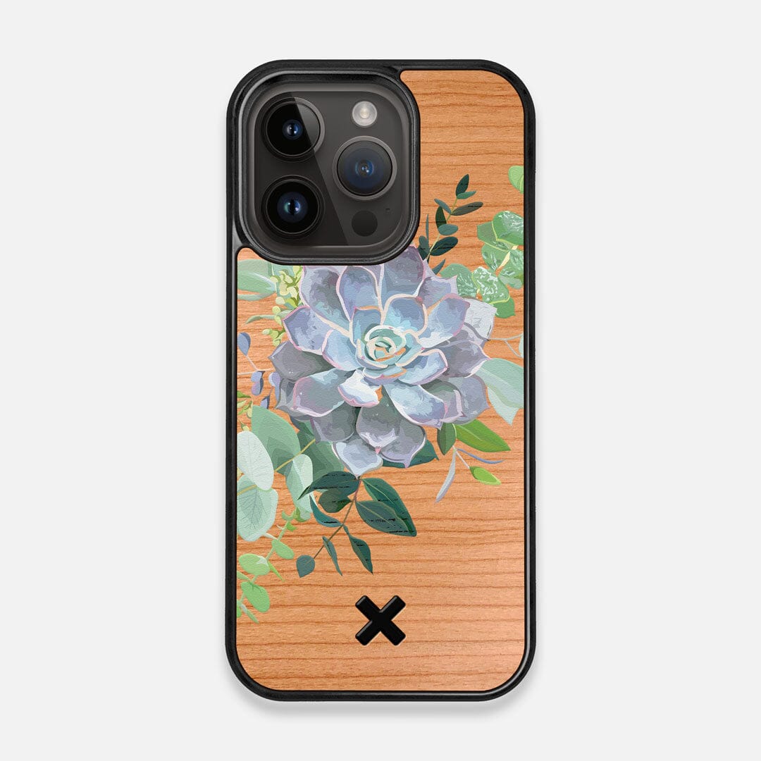 Front view of the print centering around a succulent, Echeveria Pollux on Cherry wood iPhone 15 Pro MagSafe Case by Keyway Designs