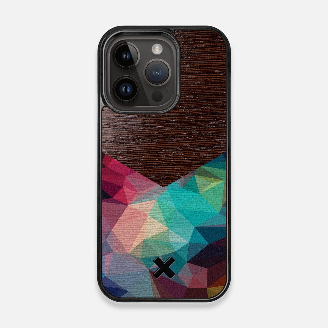 Front view of the vibrant Geometric Gradient printed Wenge Wood iPhone 15 Pro MagSafe Case by Keyway Designs