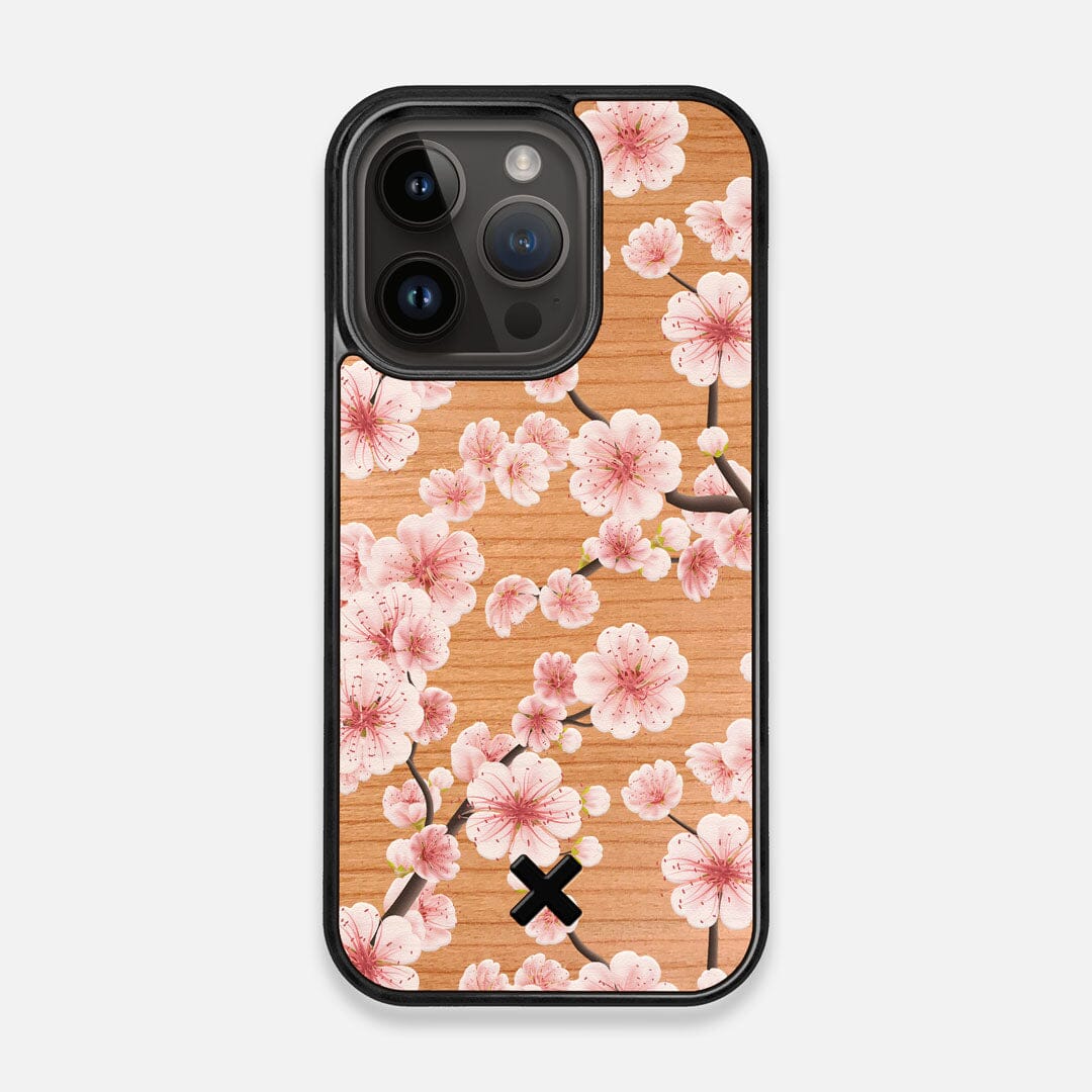 Front view of the Sakura Printed Cherry-blossom Cherry Wood iPhone 15 Pro MagSafe Case by Keyway Designs