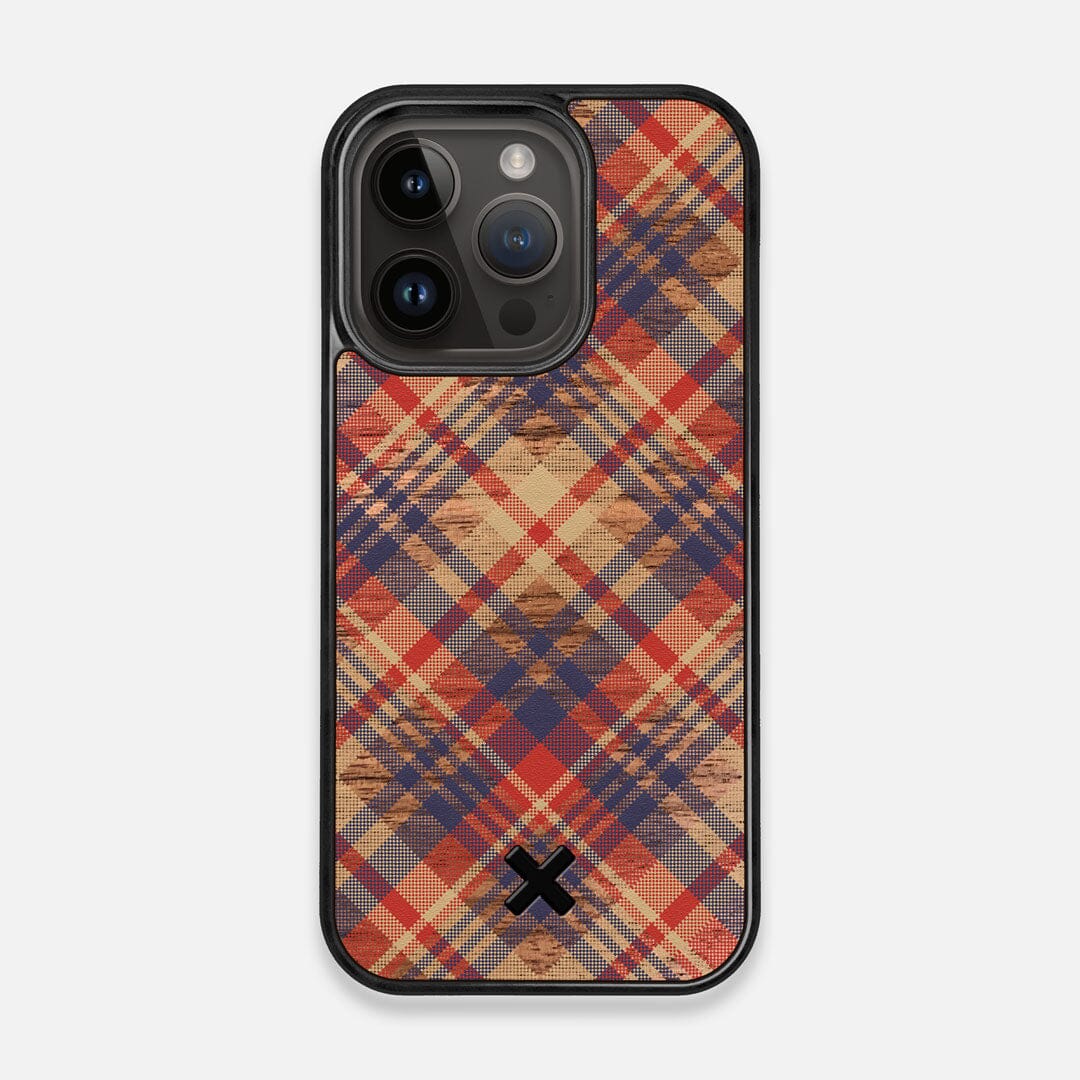 Front view of the Tartan print of beige, blue, and red on Walnut wood iPhone 14 Pro MagSafe Case by Keyway Designs
